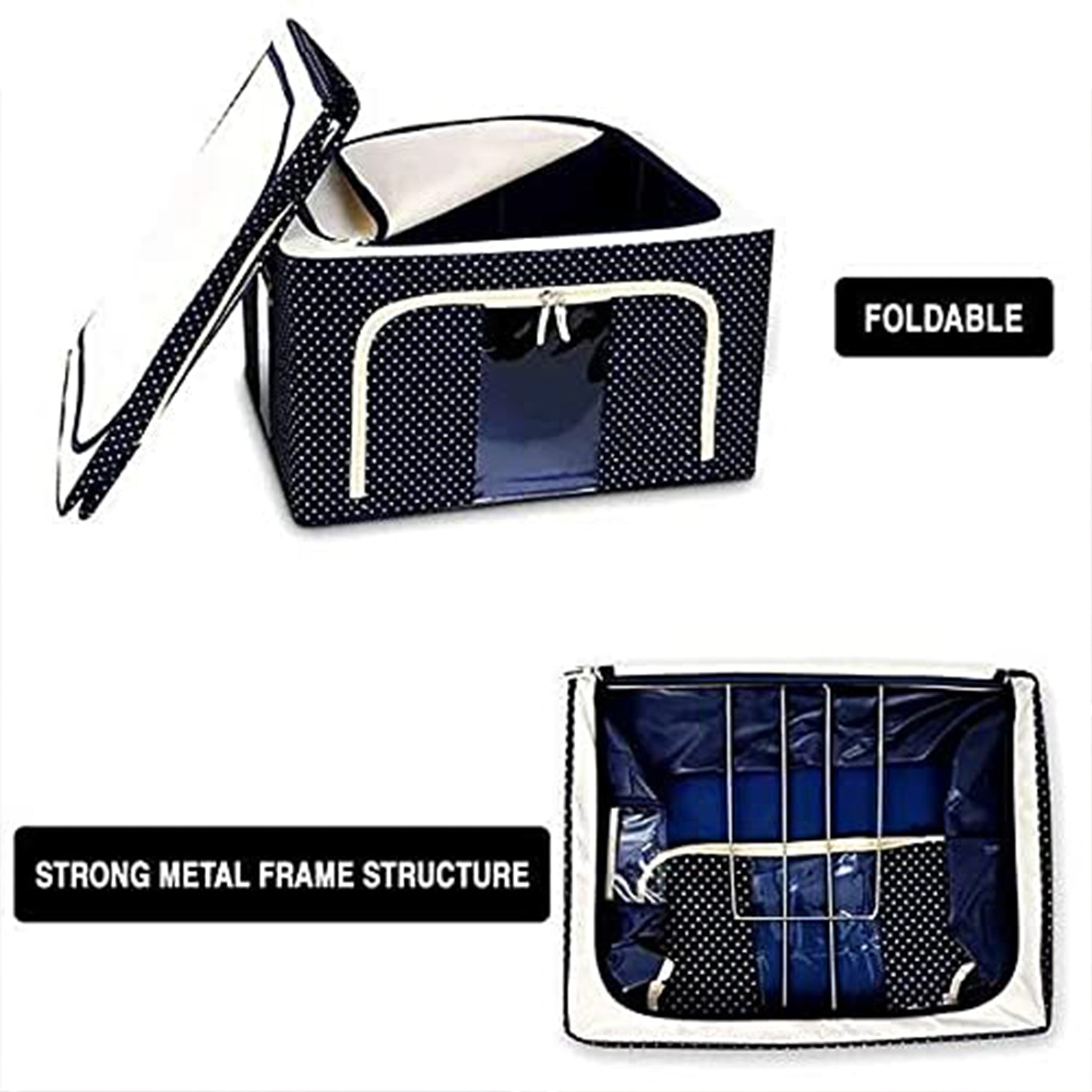 17641 Foldable Steel Frame Clothes Living Storage Organizer Handled Bag Box For Large Size Bedding Blankets Women Saree Toys Cloth Storage Box Bag (66 Liter)